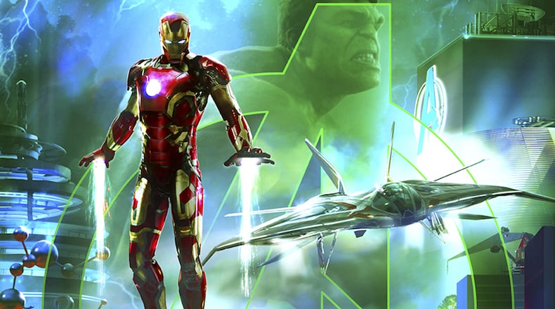 A poster released by the Walt Disney Co. to promote the opening of a superhero land at Disney California Adventure does not use the term “Marvel” because of a previous licensing agreement between Marvel and MCA Inc. (Walt Disney Co.)