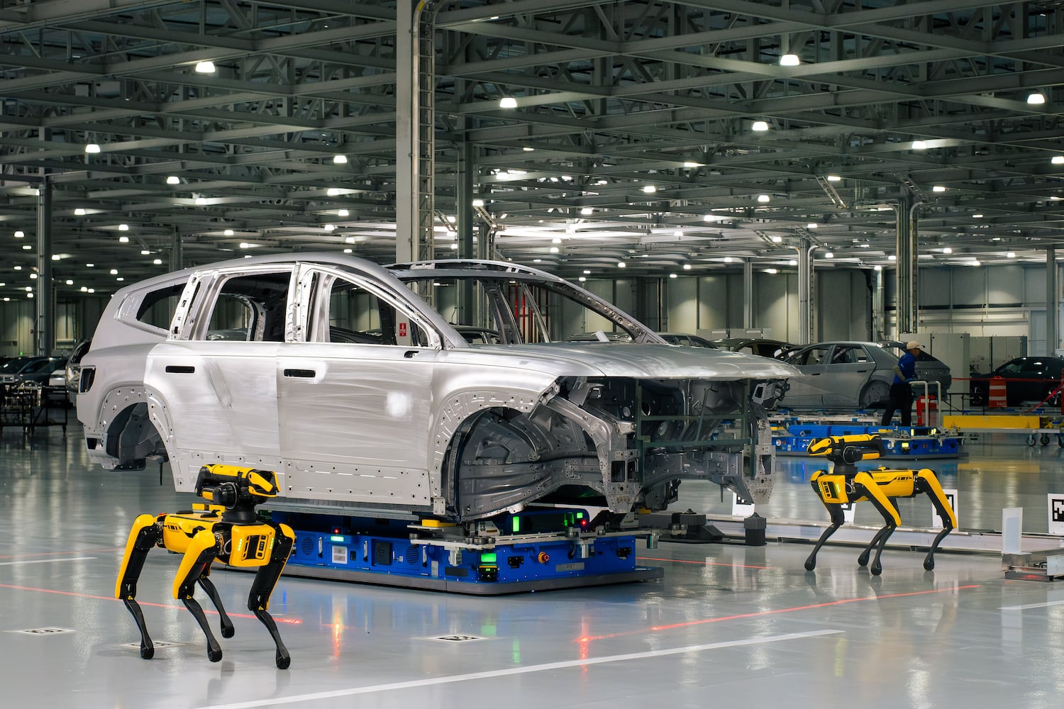 Boston Dynamic robots inspect welds duringthe assembly of a IONIQ 5 electric vehicle at the Hyundai Metaplant in Bryan County, GA on March 26, 2025.  (Justin Taylor/The Current GA)
