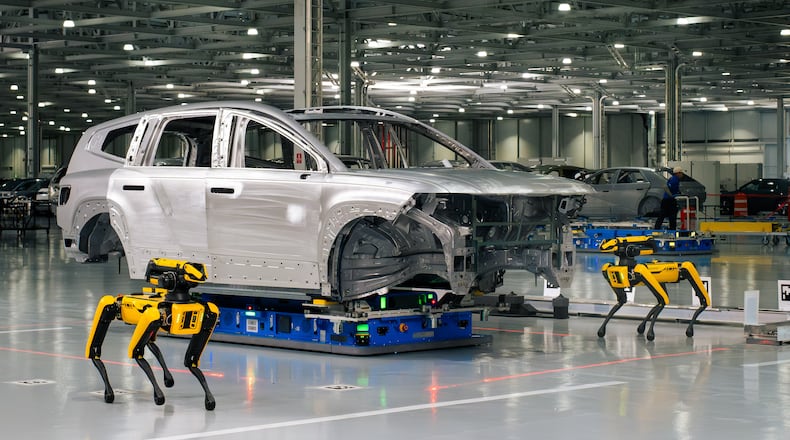 Boston Dynamic robots inspect welds duringthe assembly of a IONIQ 5 electric vehicle at the Hyundai Metaplant in Bryan County, GA on Wednesday March 26, 2025. (Justin Taylor/The Current GA)