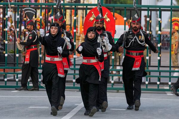 Pakistan's Rangers soldiers march during a daily closing ceremony at the Wagah, a joint post on the Pakistan and India border, near Lahore, Pakistan, Saturday, May 3, 2025. (AP Photo/K.M. Chaudary)