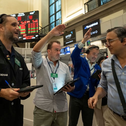 Options traders Chris Dattolo, Scott Frinzi, Justin Kanda, and Ravi Bhandari, left to right, work on the floor of the New York Stock Exchange, Monday, Aug. 17, 2026, in New York. (AP Photo/Yuki Iwamura)