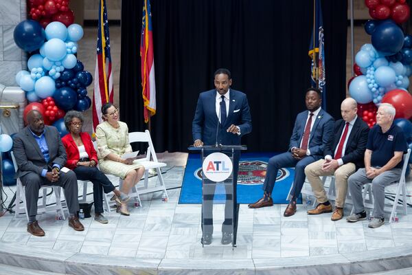 Atlanta Mayor Andre Dickens speaks during a press conference to unveil the Neighborhood Reinvestment Initiative in the atrium at Atlanta City Hall on Tuesday, Sept. 30, 2025. (Jason Getz/AJC)