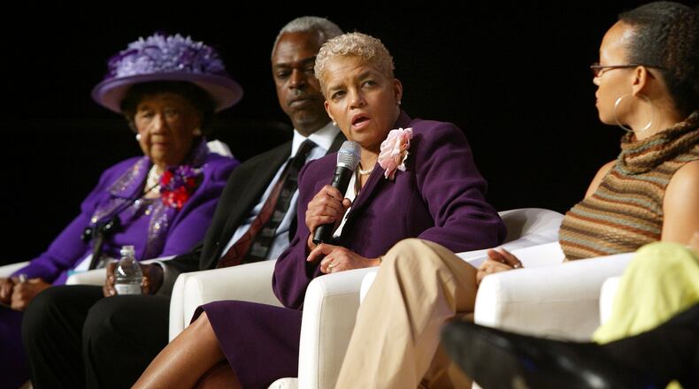 Atlanta Mayor Shirley Franklin, center, responds to a question from the audience Thursday during a town hall meeting at the Congressional Black Caucus Foundations' Annual Legislative Conference in 2003. Franklin was part of a panel discussion on voter mobilization. Panel members, from left, Dr. Dorothy Height, president emerita, National Council of Negro Women, Wade Henderson, executive director of the Leadership Conference on Civil Rights, Franklin, and Portia Pedro, organizing director, United States Student Association. (Rick McKay/Cox Washington Bureau)