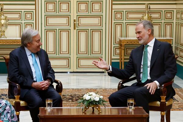 Spain's King Felipe VI, right, talks with the Secretary-General of the United Nations Antonio Guterres before the UN financing for development conference in Seville, Spain, Sunday June 29, 2025. (Chema Moya, Pool photo via AP)