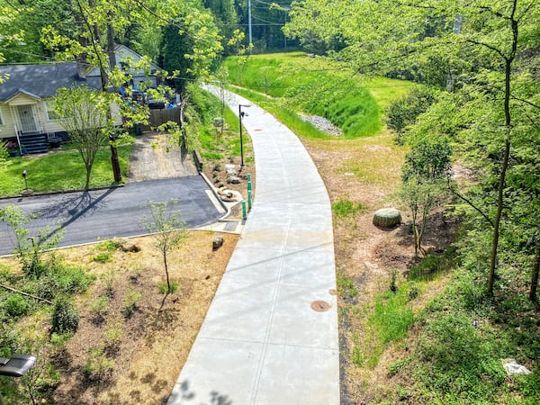 A view of the newly constructed portion of the Atlanta Beltline's Westside Trail looking east from the Marietta Boulevard bridge.