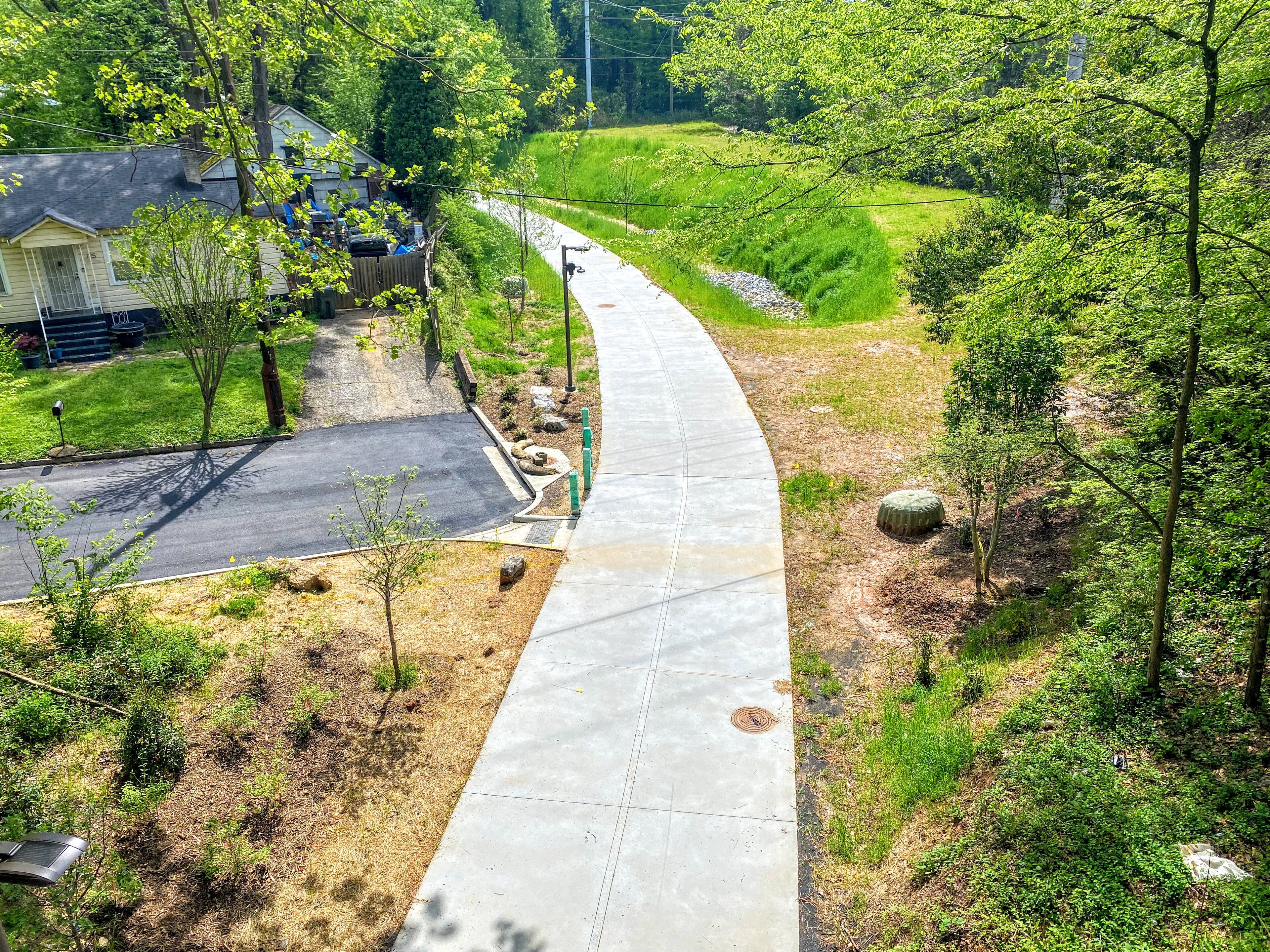 A view of the newly constructed portion of the Atlanta Beltline's Westside Trail looking east from the Marietta Boulevard bridge.