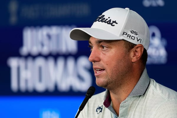 Justin Thomas speaks during a news conference at the PGA Championship golf tournament at the Quail Hollow Club, Tuesday, May 13, 2025, in Charlotte, N.C. (AP Photo/Matt York)