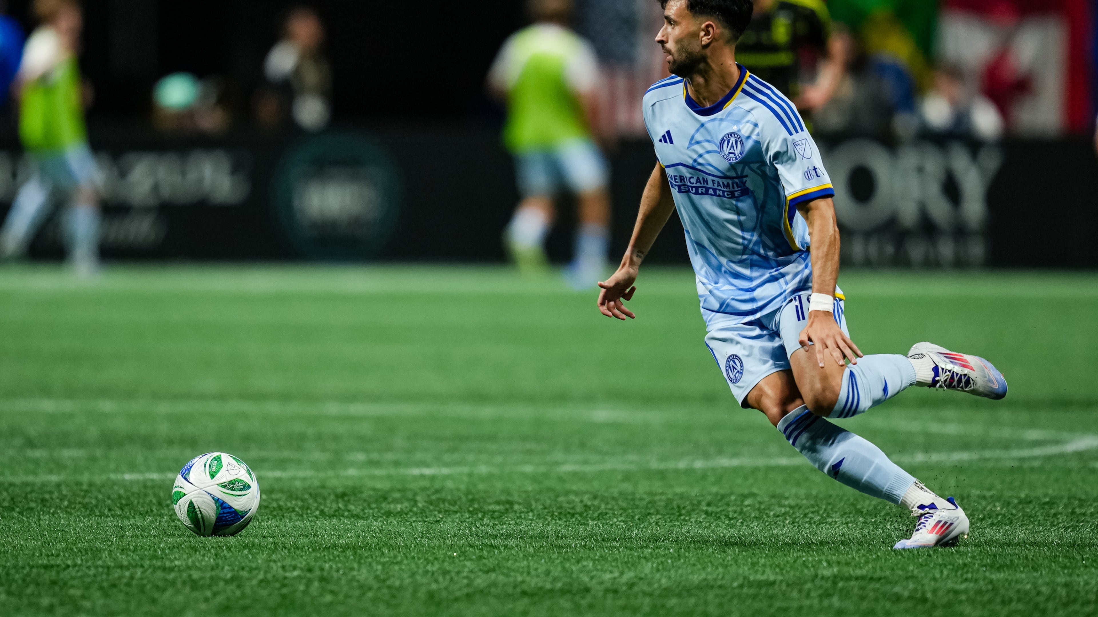 Atlanta United defender Pedro Amador runs with the ball against Columbus on Saturday, Sept. 13, 2025, at Mercedes-Benz Stadium in Atlanta. Amador later scored in the 46th minute. (Taylor McLaughlin/Atlanta United)