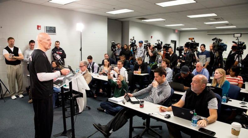 Atlanta Falcons head coach Dan Quinn answers questions at the football team's practice facility in Flowery Branch, Ga., Wednesday, Jan. 25, 2017. The Falcons (13-5) take on the New England Patriots (16-2) in Super Bowl LI in Houston on Feb. 5, 2017.(AP Photo/David Goldman)