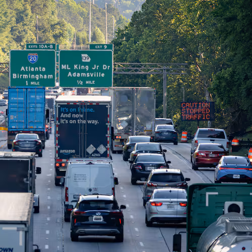 A section of I-285 will be shutdown Mother’s Day weekend. Construction vehicles were in the area during rush hour near the Cascade Road exit on Tuesday, May 5, 2026. (Ben Hendren for the AJC)