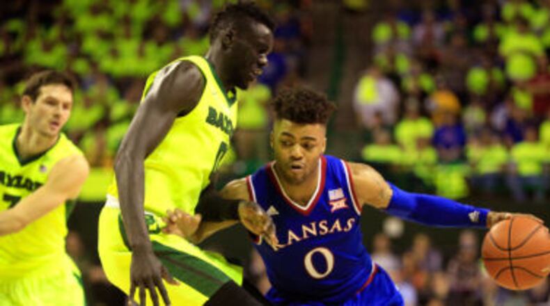 Kansas guard Frank Mason III drives to the basket in this file photo. Kansas will take on U.C. Davis Friday in the NCAA Men’s Basketball Tournament. (AP)