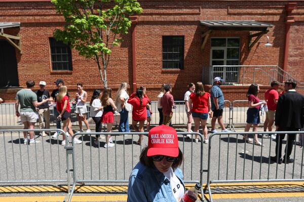 Students from various schools and universities wait in line for a Turning Point USA event featuring speakers including Vice President JD Vance at Akins Ford Arena in Athens, Ga., on April 14, 2026. (Arvin Temkar/AJC)