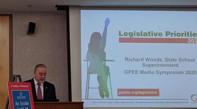 Georgia state School Superintendent Richard Woods discusses school budget priorities Friday, Jan. 10, 2020 at the Georgia Partnership for Excellence in Education symposium in Atlanta.