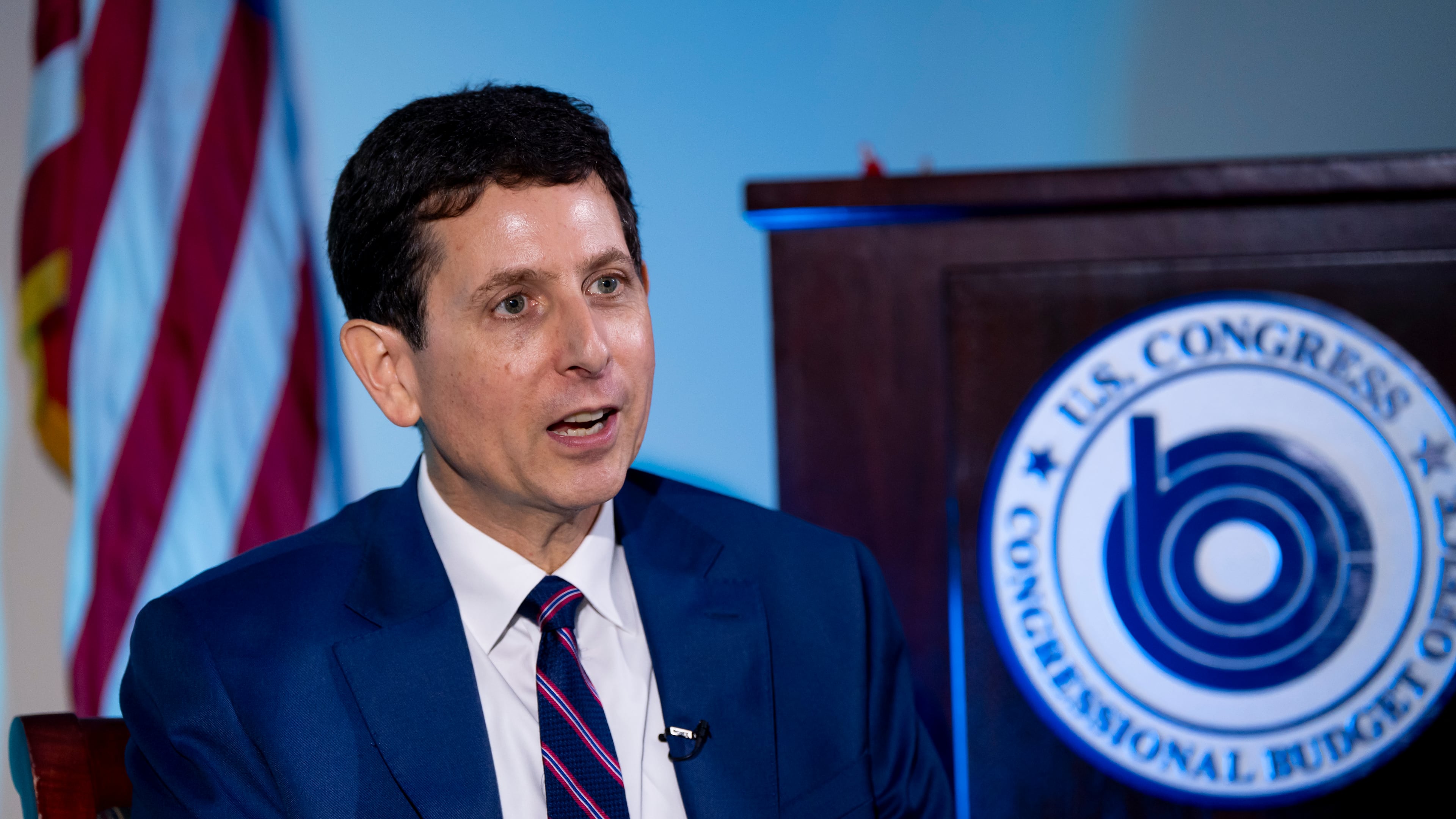 Phillip Swagel, director of the Congressional Budget Office, speaks during an interview with The Associated Press, Wednesday, Sept. 17, 2025, in Washington. (AP Photo/Alex Brandon)
