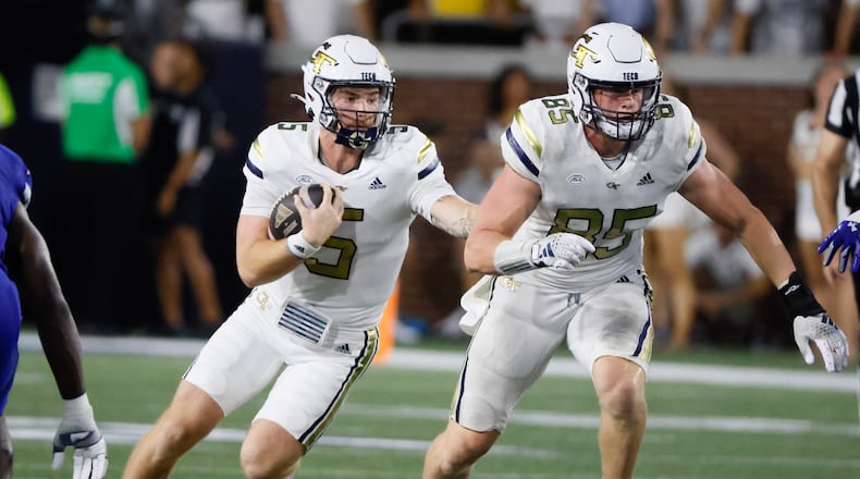 Georgia Tech Yellow Jackets quarterback Zach Pyron (5) on a keeper behind tight end Jackson Hawes (85) during the fourth quarter of an NCAA football game between the Georgia State Panthers and Georgia Tech at Bobby Dodd Stadium in Atlanta on Aug. 31, 2024. (Bob Andres for The Atlanta Journal-Constitution)