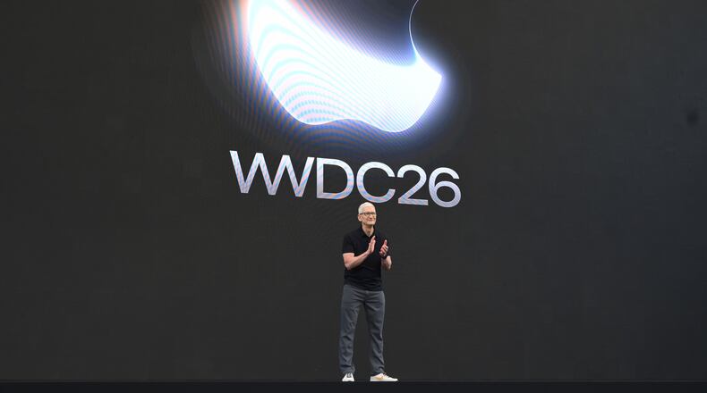 CEO Tim Cook stands on stage at the annual World Wide Developers Conference at Apple's headquarters in Cupertino, Calif., Monday, June 8, 2026. (AP Photo/Noah Berger)