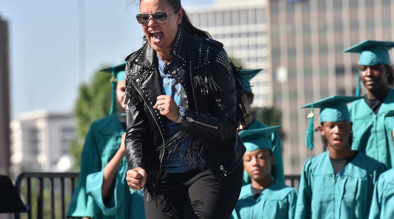 Atlanta Public Schools Superintendent Meria Carstarphen delivers her 2018 State of the District address in a non-traditional way while dancing and performing with students during the annual State of the District event at the Walden Sports Complex on Friday, October 5, 2018. AJC file photo HYOSUB SHIN / HSHIN@AJC.COM