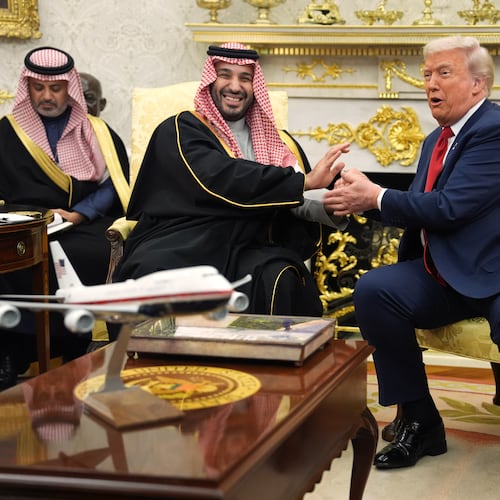 President Donald Trump meets Saudi Arabia's Crown Prince Mohammed bin Salman in the Oval Office of the White House, Tuesday, Nov. 18, 2025, in Washington. (AP Photo/Evan Vucci)