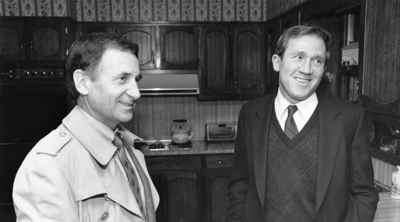 Georgia Tech athletic director Homer Rice (left) visits with new coach Bobby Ross in 1987. John Spink / AJC