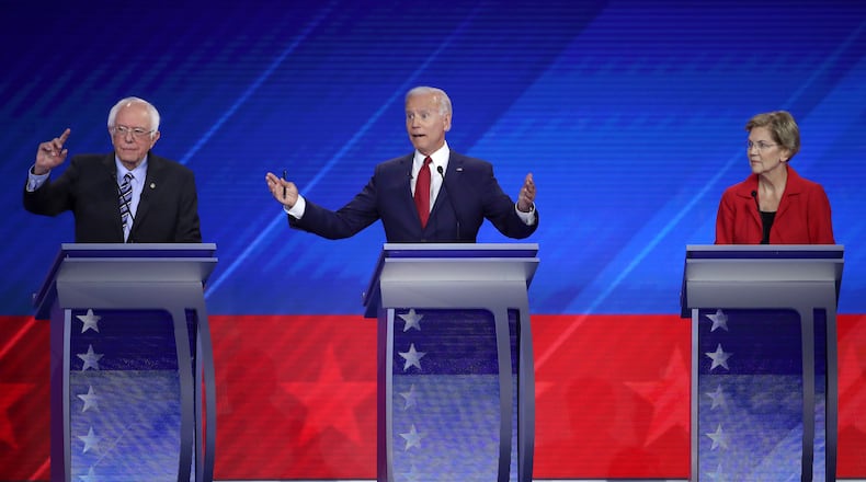 HOUSTON, TEXAS - SEPTEMBER 12: Democratic presidential candidate Sen. Bernie Sanders (I-VT), former Vice President Joe Biden, and Sen. Elizabeth Warren (D-MA) debate on stage during the Democratic Presidential Debate at Texas Southern University's Health and PE Center on September 12, 2019 in Houston, Texas. Ten Democratic presidential hopefuls were chosen from the larger field of candidates to participate in the debate hosted by ABC News in partnership with Univision. (Photo by Win McNamee/Getty Images) ***BESTPIX***
