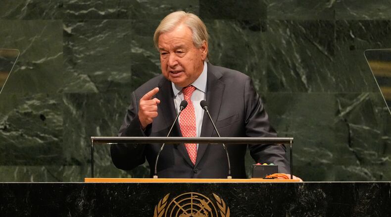 United Nations Secretary-General Antonio Guterres speaks during the 81st session of the United Nations General Assembly at United Nations headquarters, Tuesday, Sept. 22, 2026. (AP Photo/Seth Wenig)