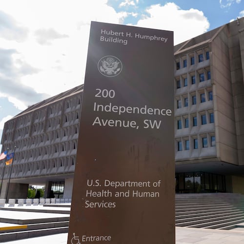 FILE - The U.S. Department of Health and Human Services is seen in Washington, April 16, 2025. (AP Photo/Jose Luis Magana, File)