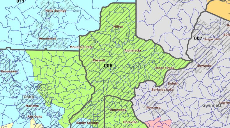 Georgia's 6th Congressional District (shown in green) covers east Cobb County, north Fulton County and North DeKalb County. But the boundaries of all 14 of Georgia's congressional districts may change during redistricting or reapportionment in time for the 2022 elections. (Georgia Legislative and Reapportionment Office Map)