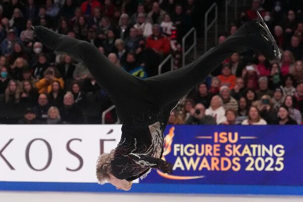 Ilia Malinin, of the United States, performs during the men's free skating program at the figure skating world championships, Saturday, March 29, 2025, in Boston. (AP Photo/Charles Krupa)