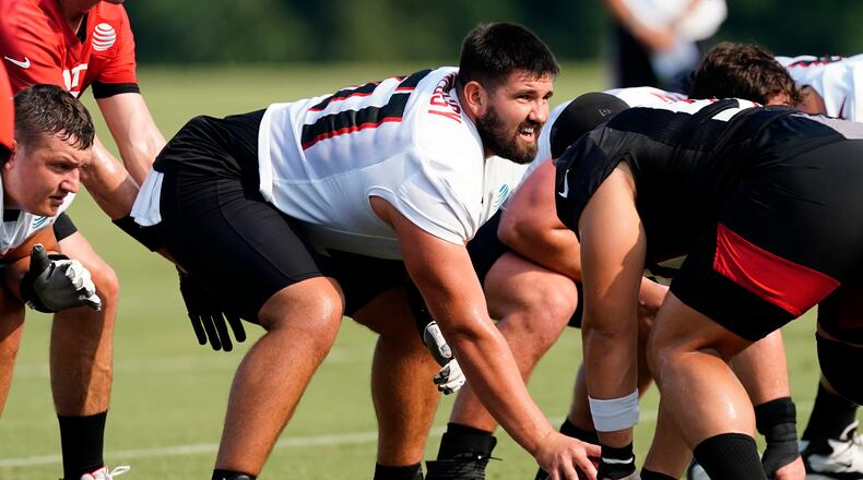Atlanta Falcons center Matt Hennessy (61) is shown during their NFL training camp football practice Saturday, July 31, 2021, in Flowery Branch. (John Bazemore/AP)
