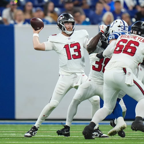Atlanta Falcons quarterback Cooper Rush (13) throws against the Indianapolis Colts during the first half of an NFL football game in Indianapolis, Saturday, Aug. 22, 2026. (AP Photo/AJ Mast)