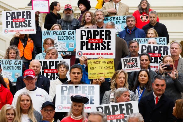 Paper ballot advocates held a news conference at the Capitol in Atlanta on Tuesday. (Abbey Cutrer/AJC)