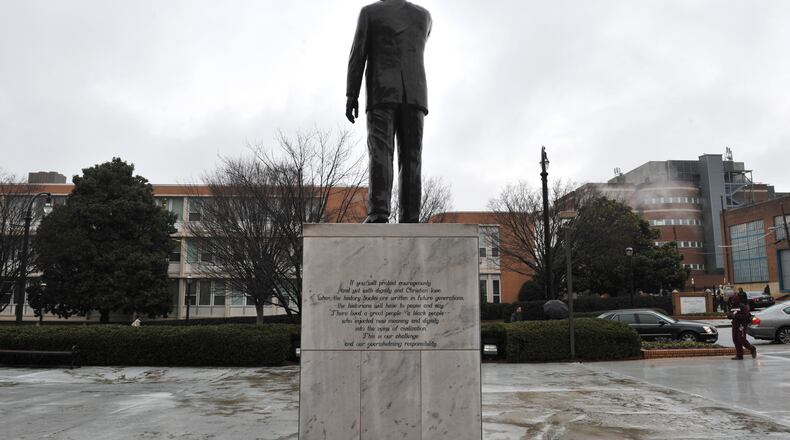 The statue of Martin Luther King Jr. in front of King’s Chapel on Morehouse College campus.  HYOSUB SHIN / HSHIN@AJC.COM