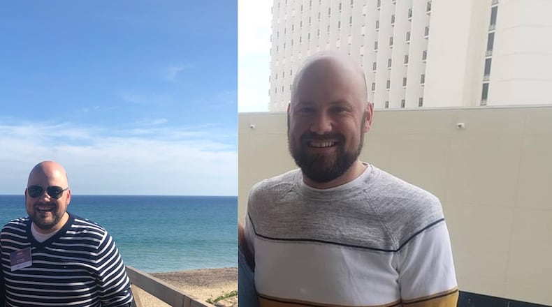 In the photo on the left, taken in April 2019, Kris Millsaps weighed 287 pounds. In the photo on the right, taken this past April, he weighed 200 pounds. (Photos courtesy of Kris Millsaps)
