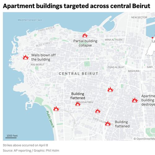 The image above shows Israeli strikes on apartment buildings in central Beirut on April 8. (AP Digital Embed)