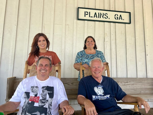 Randy Rychen (bottom left), Cynthia Rychen (top left), Mathew Null (bottom right) and Tammy Null visited the Plains Train Depot on Wednesday, July 2, 2025. (Patricia Murphy/AJC)
