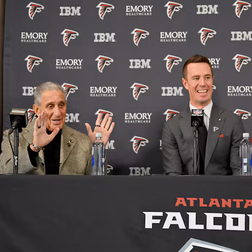 Falcons owner Arthur Blank (from left), president of football Matt Ryan and CEO Greg Beadles attend a news conference on Tuesday, Jan. 13, 2026, in Flowery Branch. The organization is currently interviewing for its next general manager. (Hyosub Shin/AJC)
