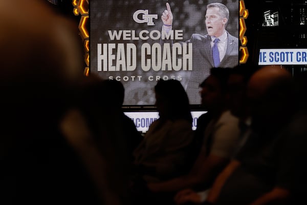 A welcome announcement is displauyed during an introductory press conference for Georgia Tech Men’s Basketball Coach Scott Cross at the Callaway Club at McCamish Pavilion in Atlanta on Monday, March 23, 2026. (Abbey Cutrer/AJC)