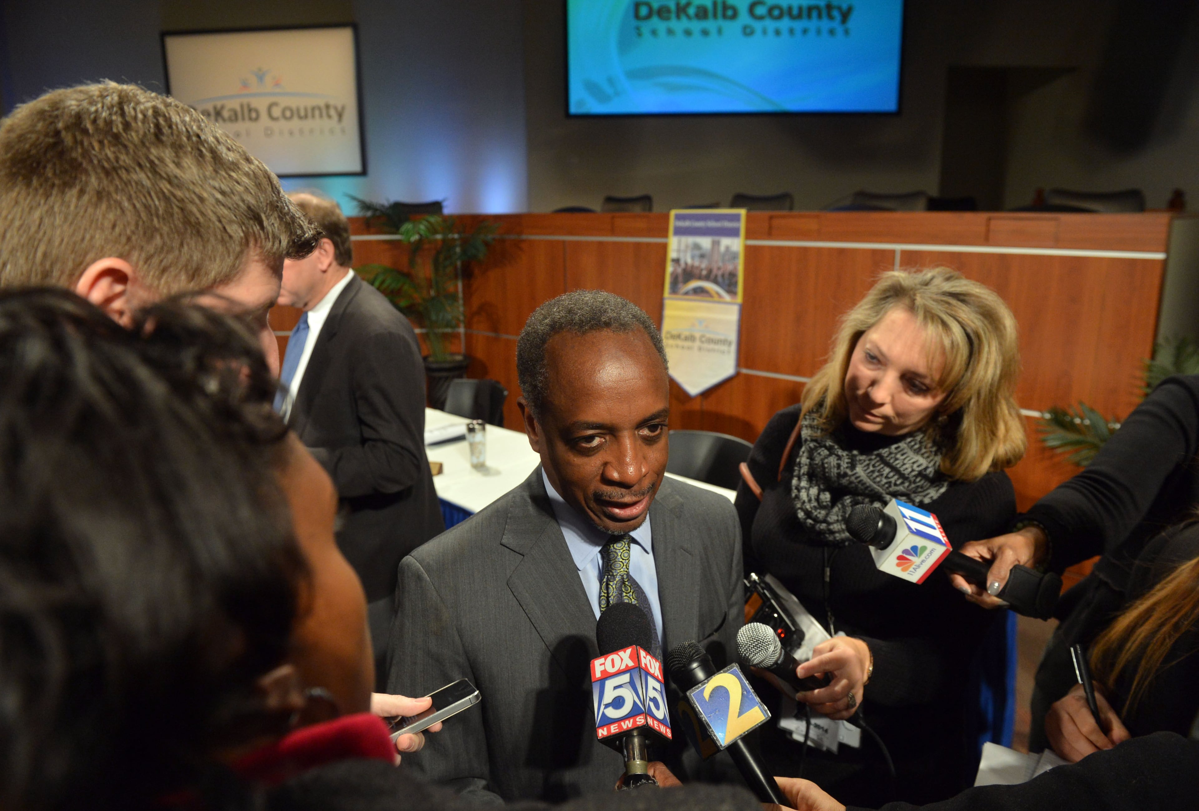 Then-DeKalb County School Superintendent Michael Thurmond talks to the media following word that the district is no longer on probation, Tuesday, Jan. 21, 2014. (Kent D. Johnson/AJC)