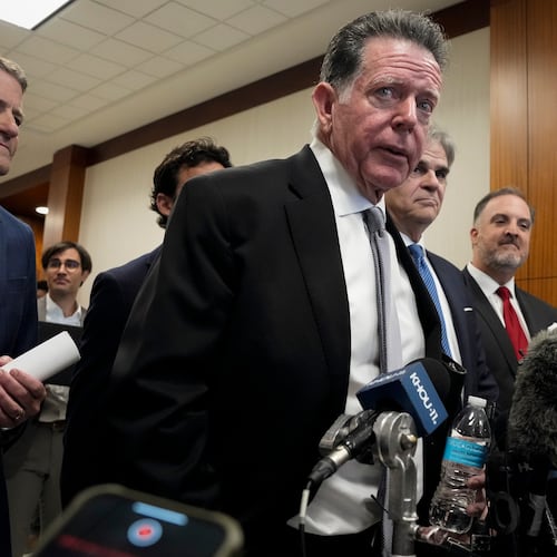 FILE - Attorney Dan Cogdell addresses reporters, March 26, 2024, at Harris County Criminal Courts at Law in Houston. (Yi-Chin Lee/Houston Chronicle via AP, file)