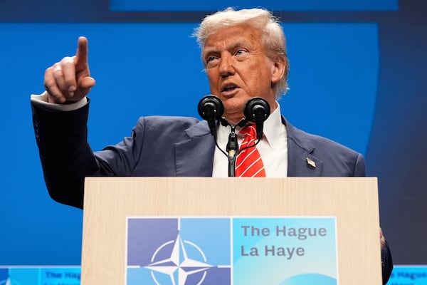 President Donald Trump points as he speaks during a media conference at the end of the NATO summit in The Hague, Netherlands, Wednesday, June 25, 2025. (AP Photo/Alex Brandon)