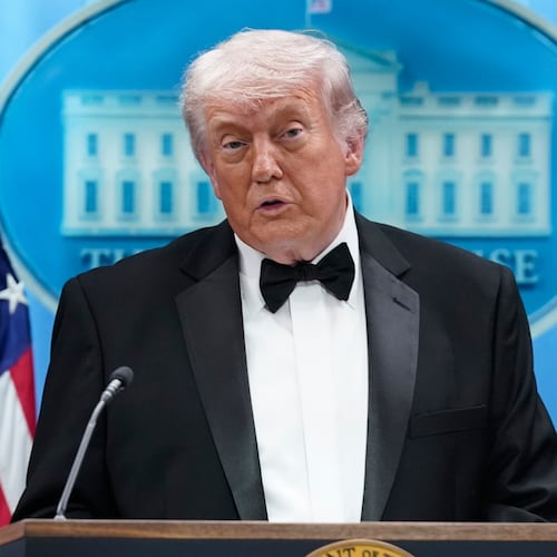 President Donald Trump speaks in the James Brady Press Briefing Room at the White House after an unspecified threat at the annual White House Correspondents' Association Dinner in Washington, Saturday, April 25, 2026. (AP Photo/Jose Luis Magana)