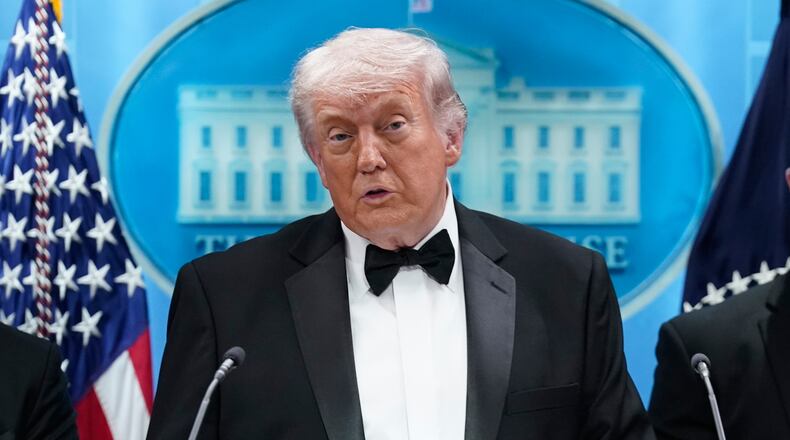 President Donald Trump speaks in the James Brady Press Briefing Room at the White House after an unspecified threat at the annual White House Correspondents' Association Dinner in Washington, Saturday, April 25, 2026. (AP Photo/Jose Luis Magana)