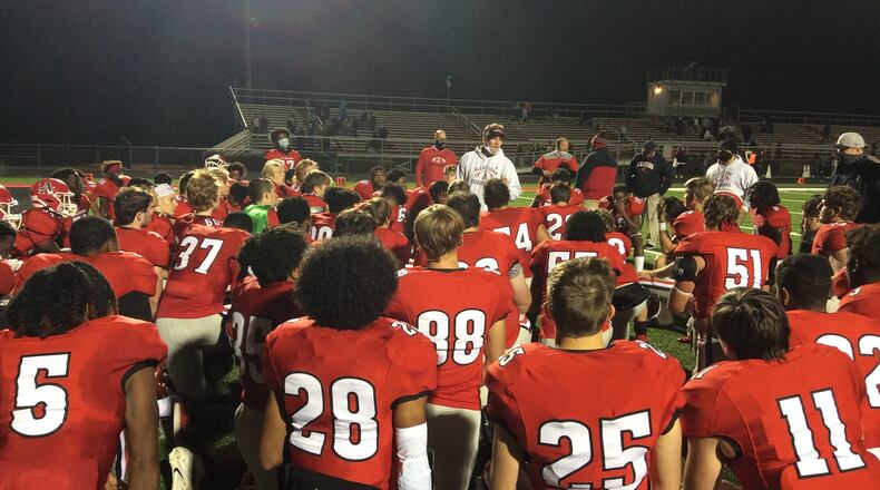 Allatoona head coach Gary Varner addresses his team after its 30-15 victory over Kell on Friday in a Region 6-6A game at Allatoona (Photo by Chip Saye)