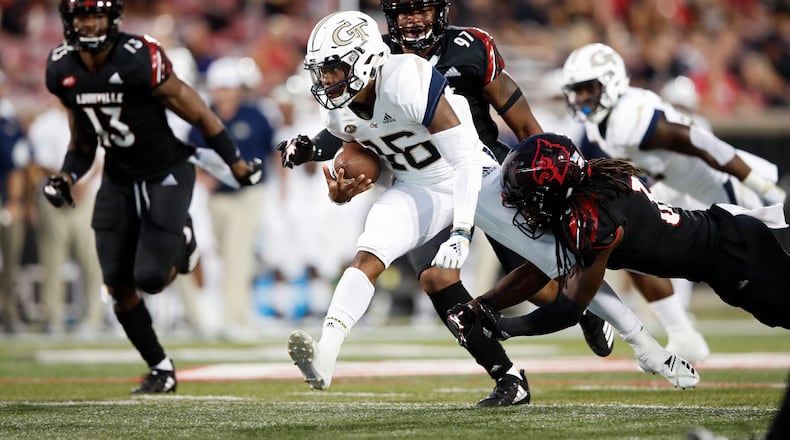 LOUISVILLE, KY - OCTOBER 05: TaQuon Marshall #16 of the Georgia Tech Yellow Jackets runs the ball in the first half of the game against the Louisville Cardinals at Cardinal Stadium on October 05, 2018 in Louisville, Kentucky. (Photo by Joe Robbins/Getty Images)