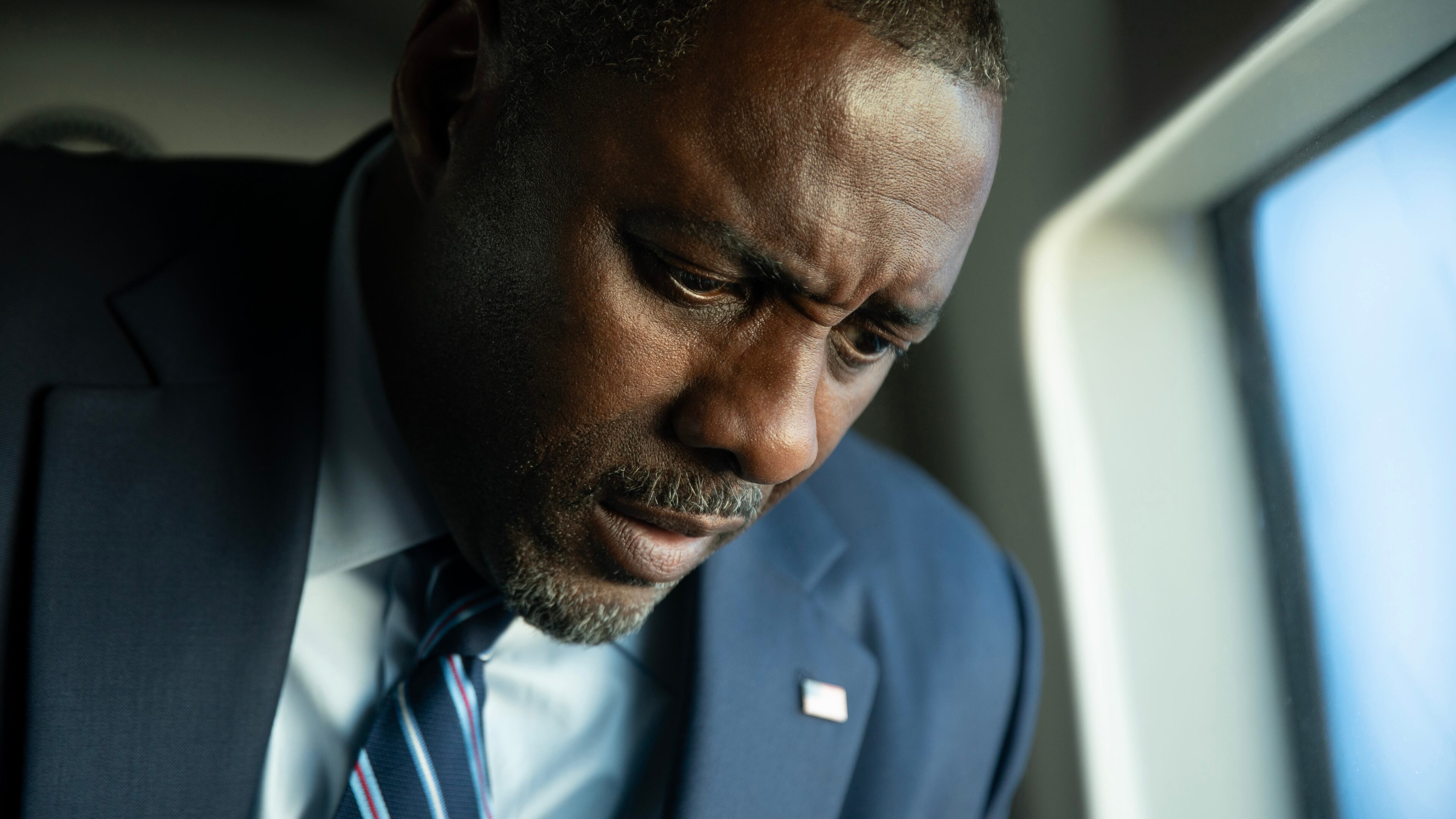 This image released by Netflix shows Idris Elba in a scene from "A House of Dynamite." (Netflix via AP)