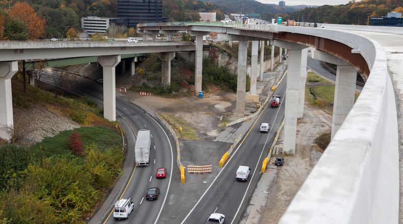 Traffic makes its way through the I-75/I-285 interchange, which is being reconfigured as part of the new Northwest Corridor express lanes. (Photo by Phil Skinner)