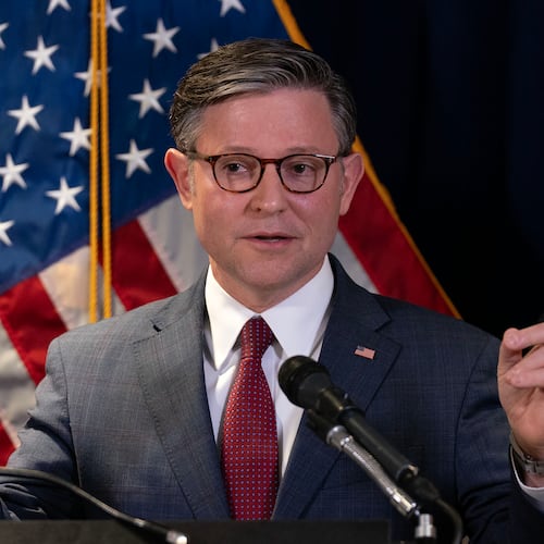Speaker of the House Mike Johnson, R-La., speaks during a news conference on Capitol Hill, Tuesday, Sept. 15, 2026, in Washington. (AP Photo/Jose Luis Magana)
