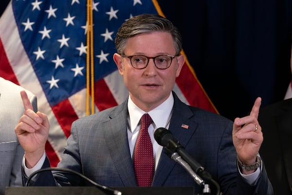 Speaker of the House Mike Johnson, R-La., speaks during a news conference on Capitol Hill in Washington on Tuesday. (Jose Luis Magana/AP)