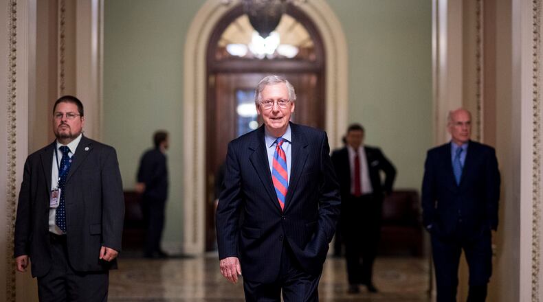 UNITED STATES - JULY 27: Senate Majority Leader Mitch McConnell, R-Ky., walks back to his office from the Senate floor in the Capitol on Thursday, July 27, 2017, during the Senate's "Vote-A-Rama" series of votes on health care legislation. (Photo By Bill Clark/CQ Roll Call)