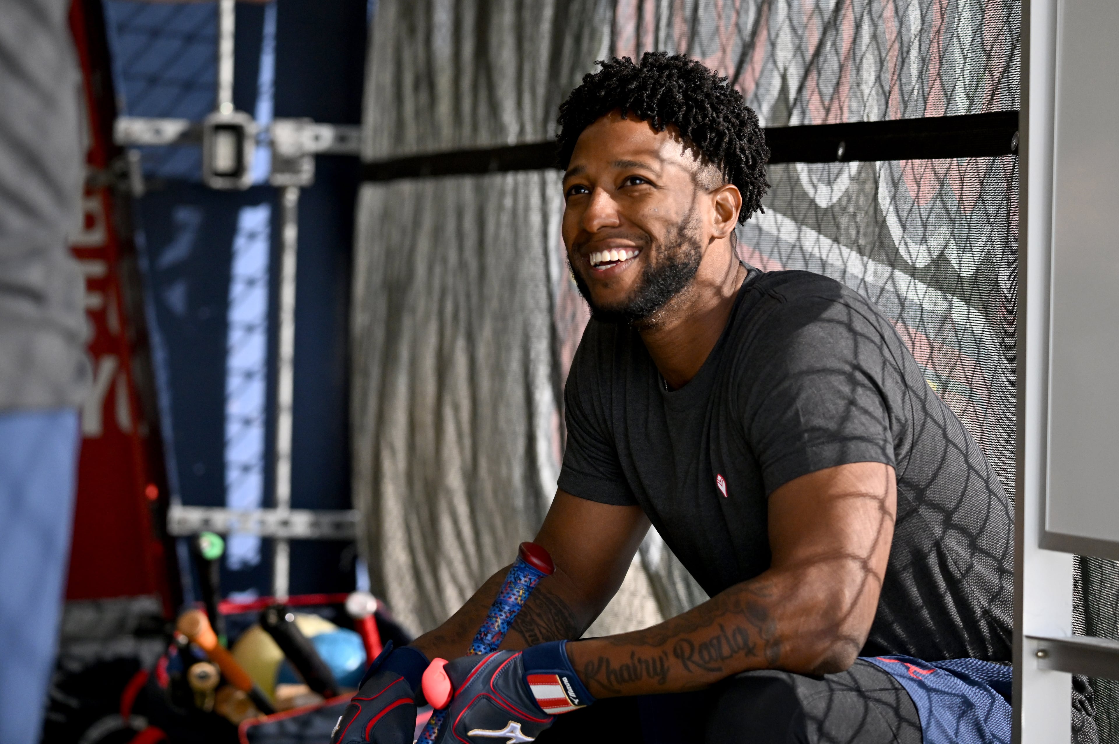 Braves outfielder Jurickson Profar smiles during spring training.
